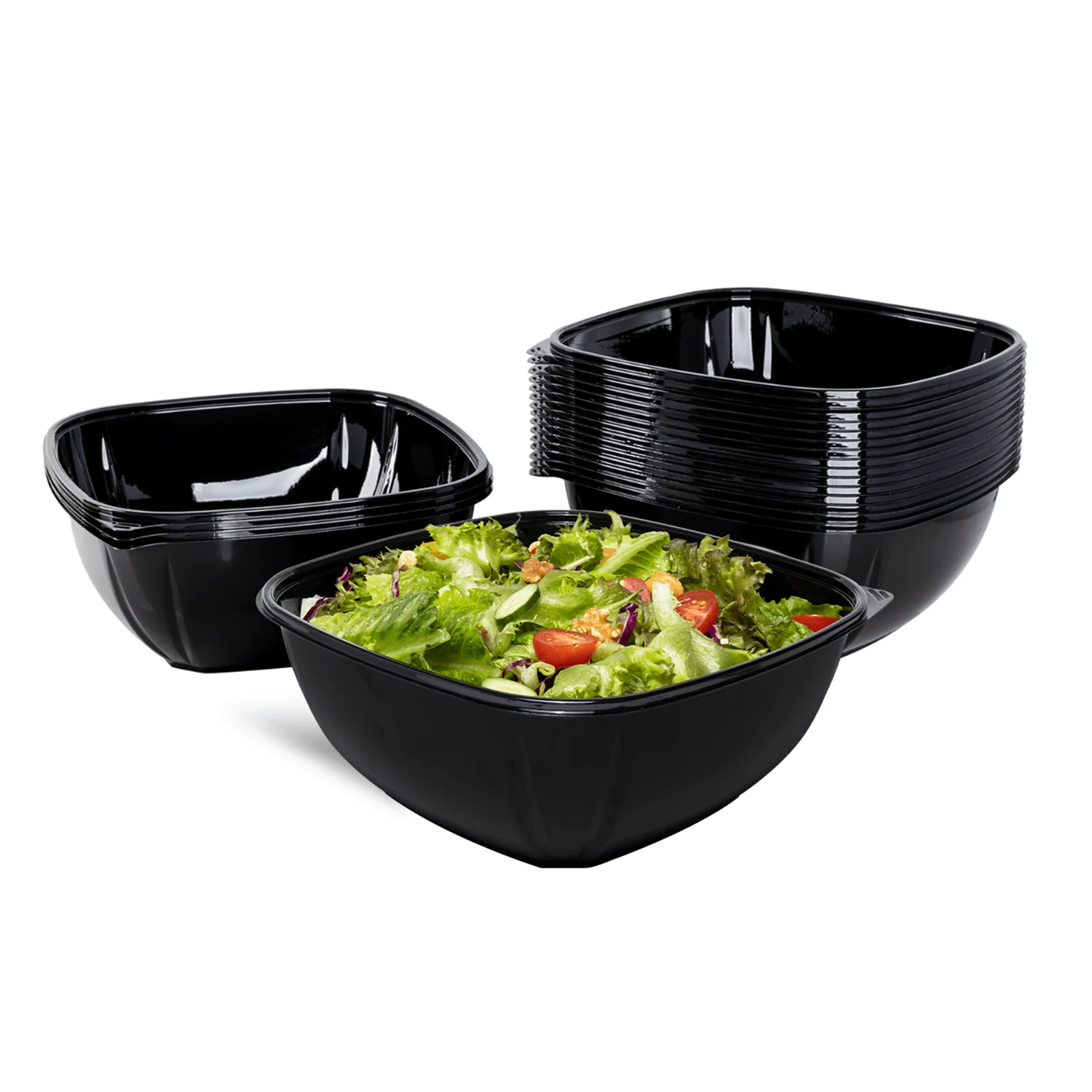 [50 ct] 160 oz Square Disposable Salad Bowls | PET | Black - Image 2