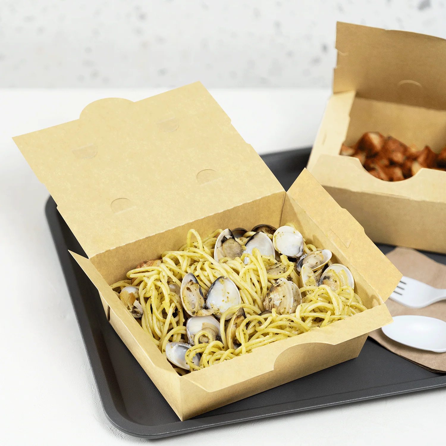 [300 ct] Paper Folding Take-Out Container | Vented Holes | 45 fl. oz | Kraft - Image 3