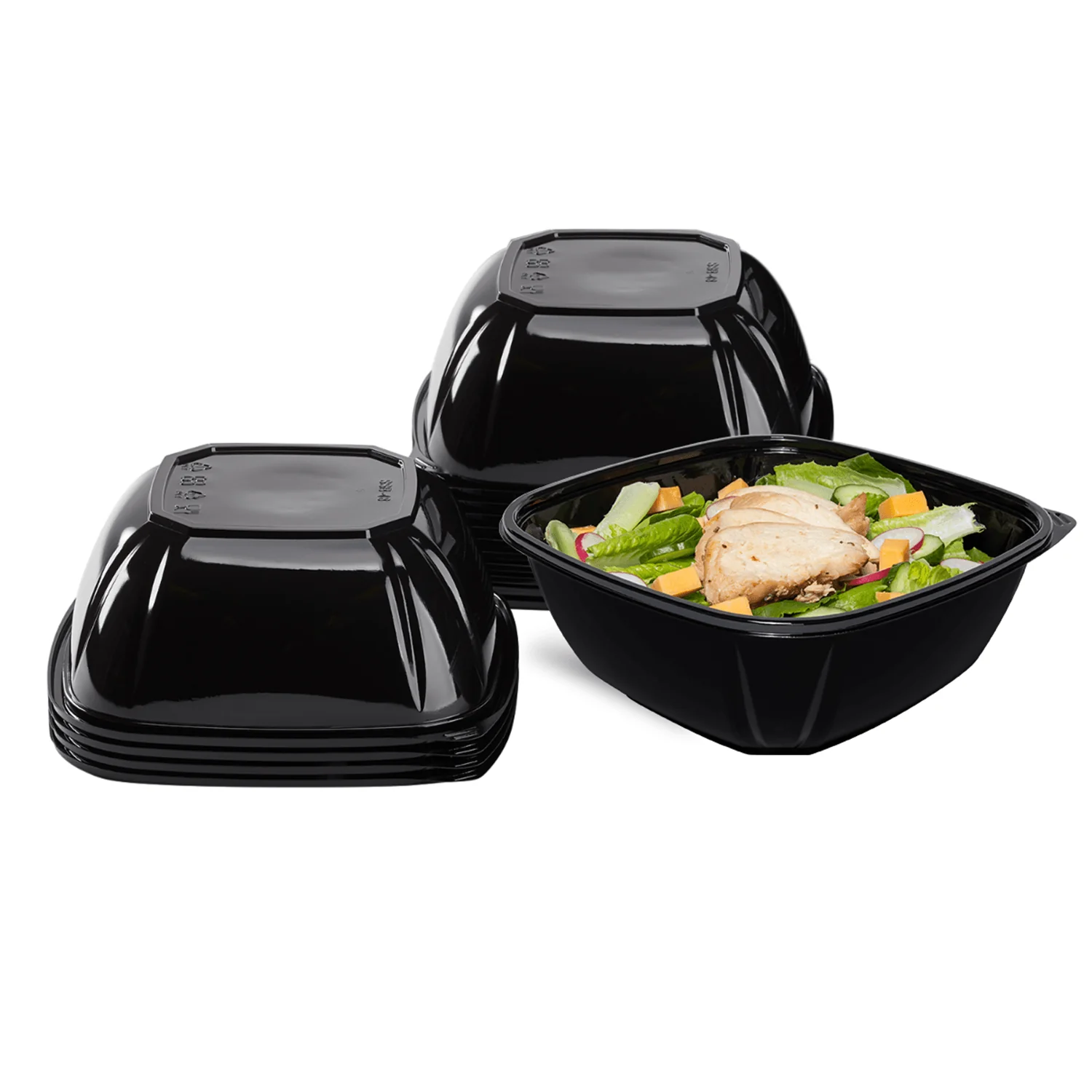 [300 ct] 48 oz Square Disposable Salad Bowl | PET | Black - Image 2