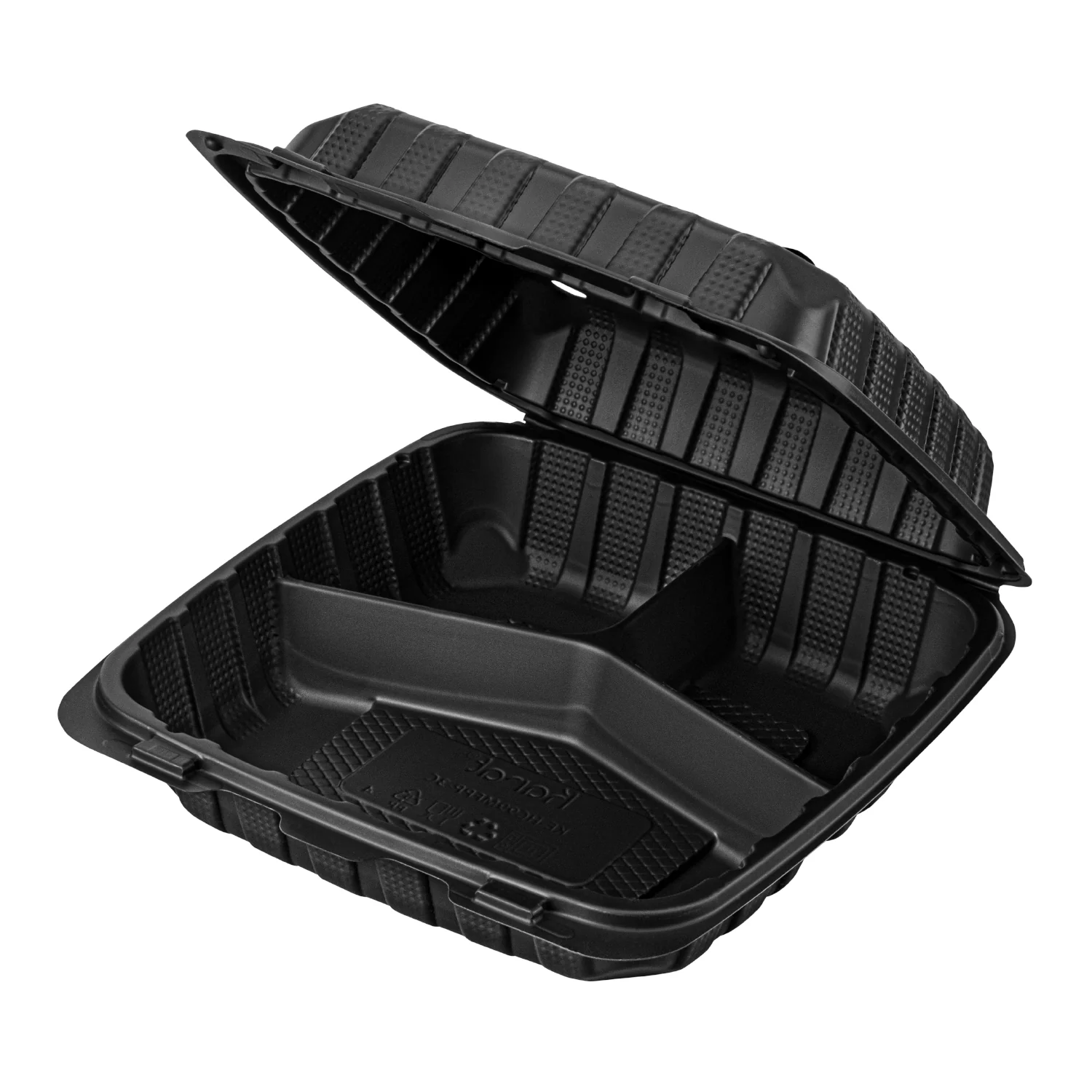 Karat Earth 9" x 9" Mineral Filled PP Hinged Container, Black, 3 compartments - 120 pcs - Image 2