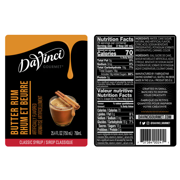 DaVinci Classic Butter Rum Syrup - Bottle (750mL) - Image 2