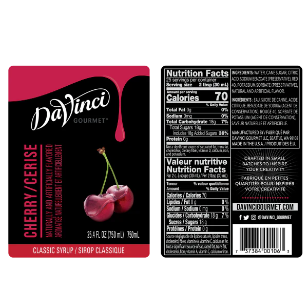 DaVinci Classic Cherry Syrup - Bottle (750mL) - Image 2