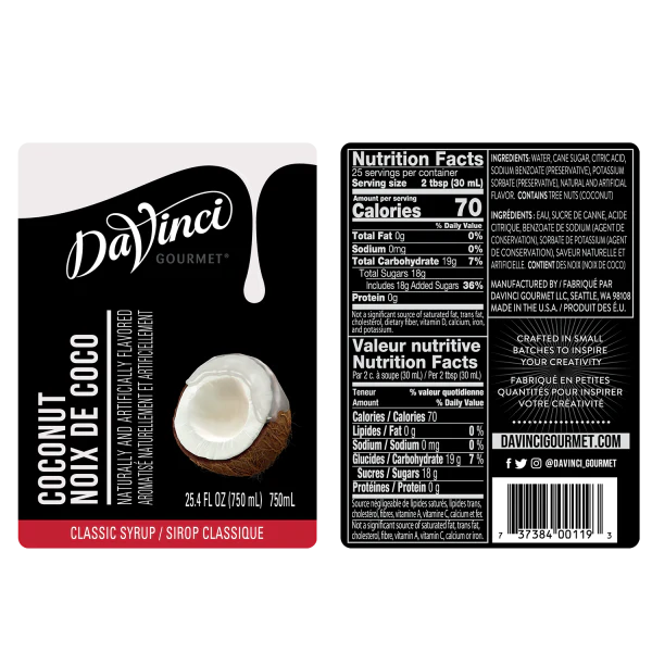 DaVinci Classic Coconut Syrup - Bottle (750mL) - Image 2