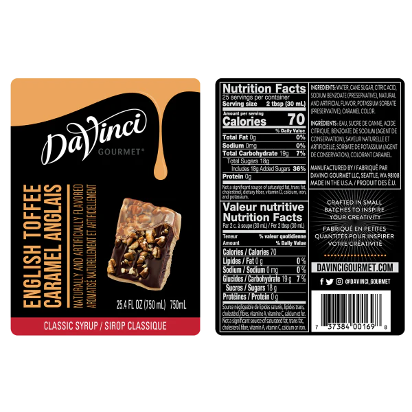 DaVinci Classic English Toffee Syrup - Bottle (750mL) - Image 2