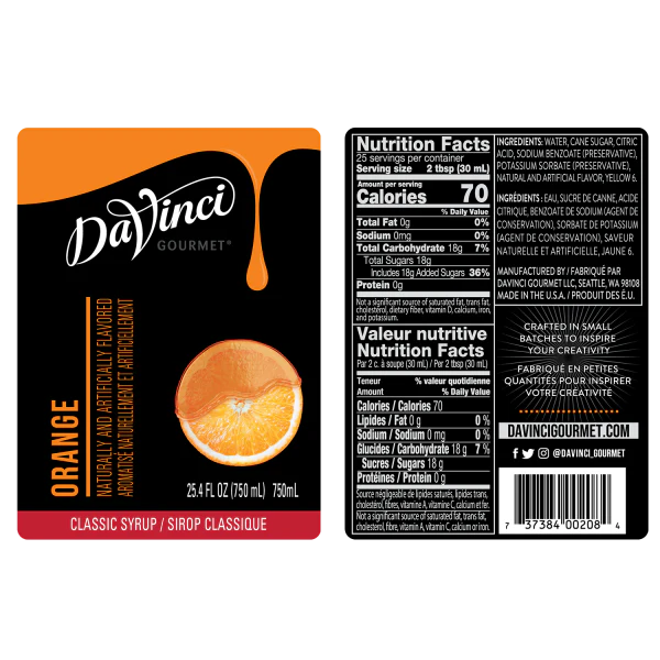 DaVinci Classic Orange Syrup - Bottle (750mL) - Image 2