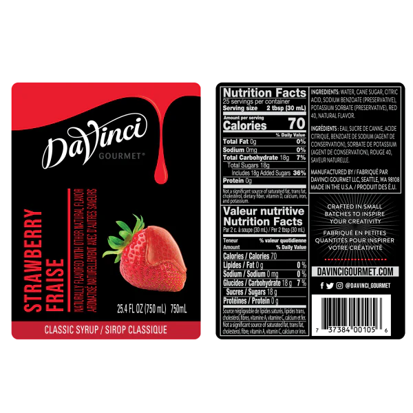 DaVinci Classic Strawberry Syrup - Bottle (750mL) - Image 2