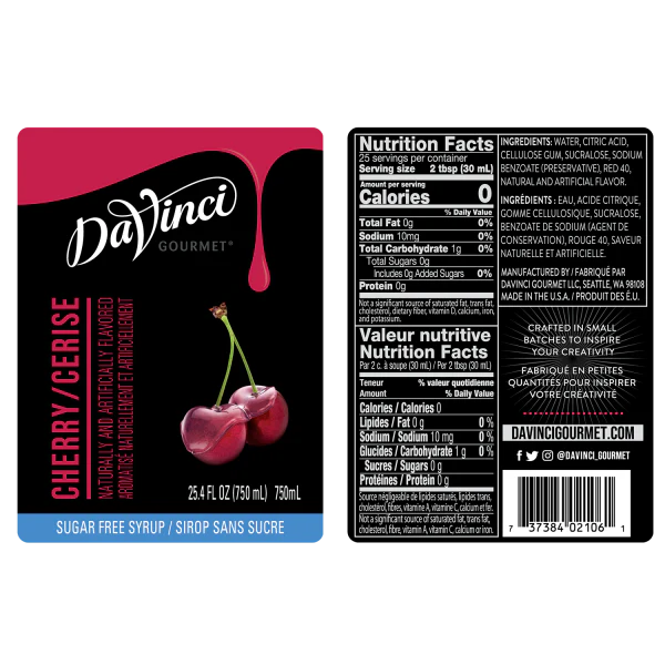 DaVinci Sugar Free Cherry Syrup - Bottle (750mL) - Image 2