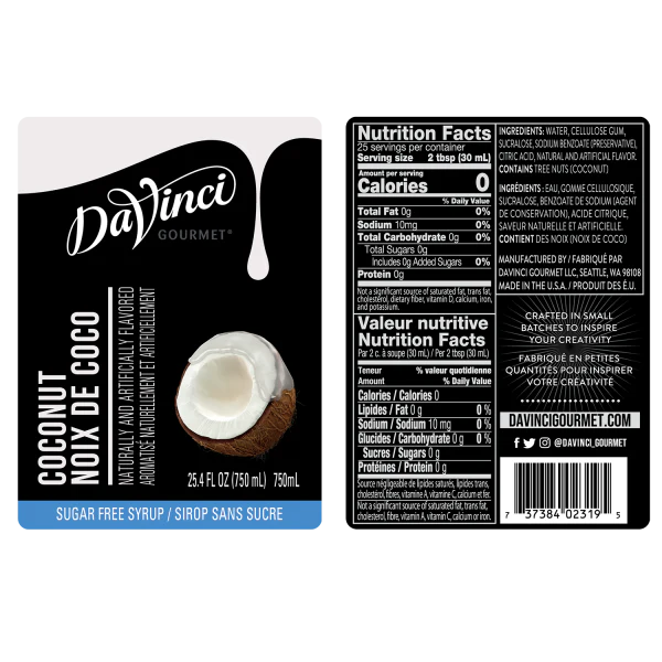 DaVinci Sugar Free Coconut Syrup - Bottle (750mL) - Image 2