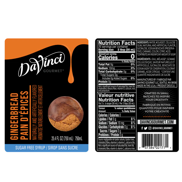 DaVinci Sugar Free Gingerbread Syrup - Bottle (750mL) - Image 2