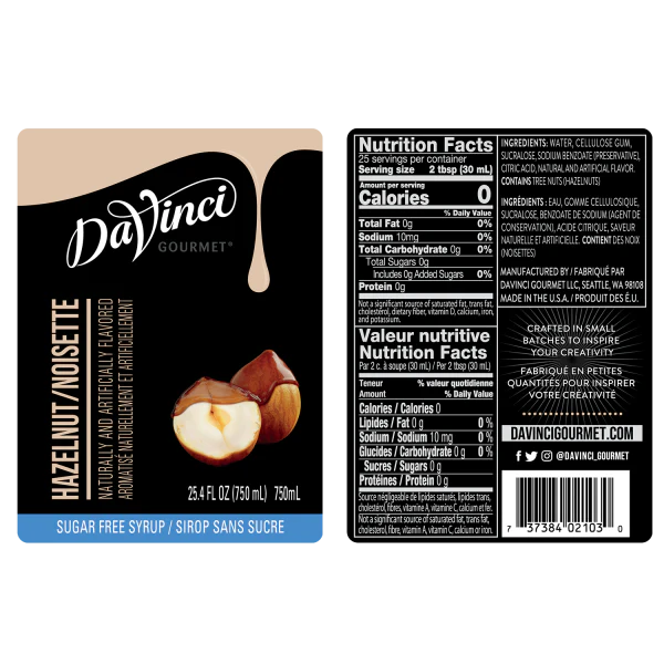 DaVinci Sugar Free Hazelnut (Original) Syrup - Bottle (750mL) - Image 2