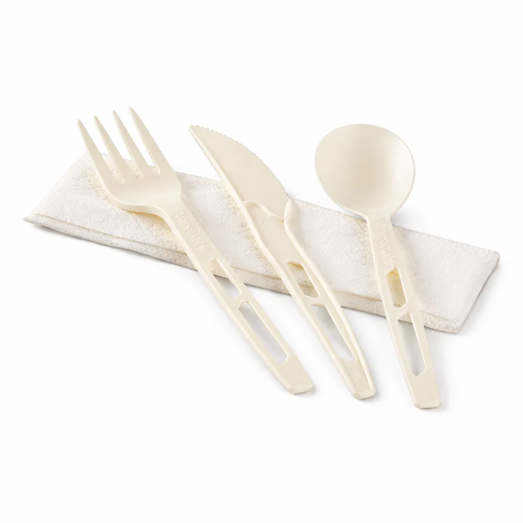 Karat Earth Heavy-Weight CPLA Compostable Cutlery Kits (Knife, Fork, Tea Spoon, 2-ply Napkin), White - 250 kits - Image 2
