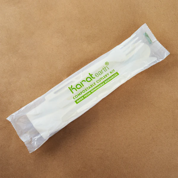 Karat Earth Heavy-Weight CPLA Compostable Cutlery Kits (Knife, Fork, Tea Spoon, 2-ply Napkin), White - 250 kits - Image 6