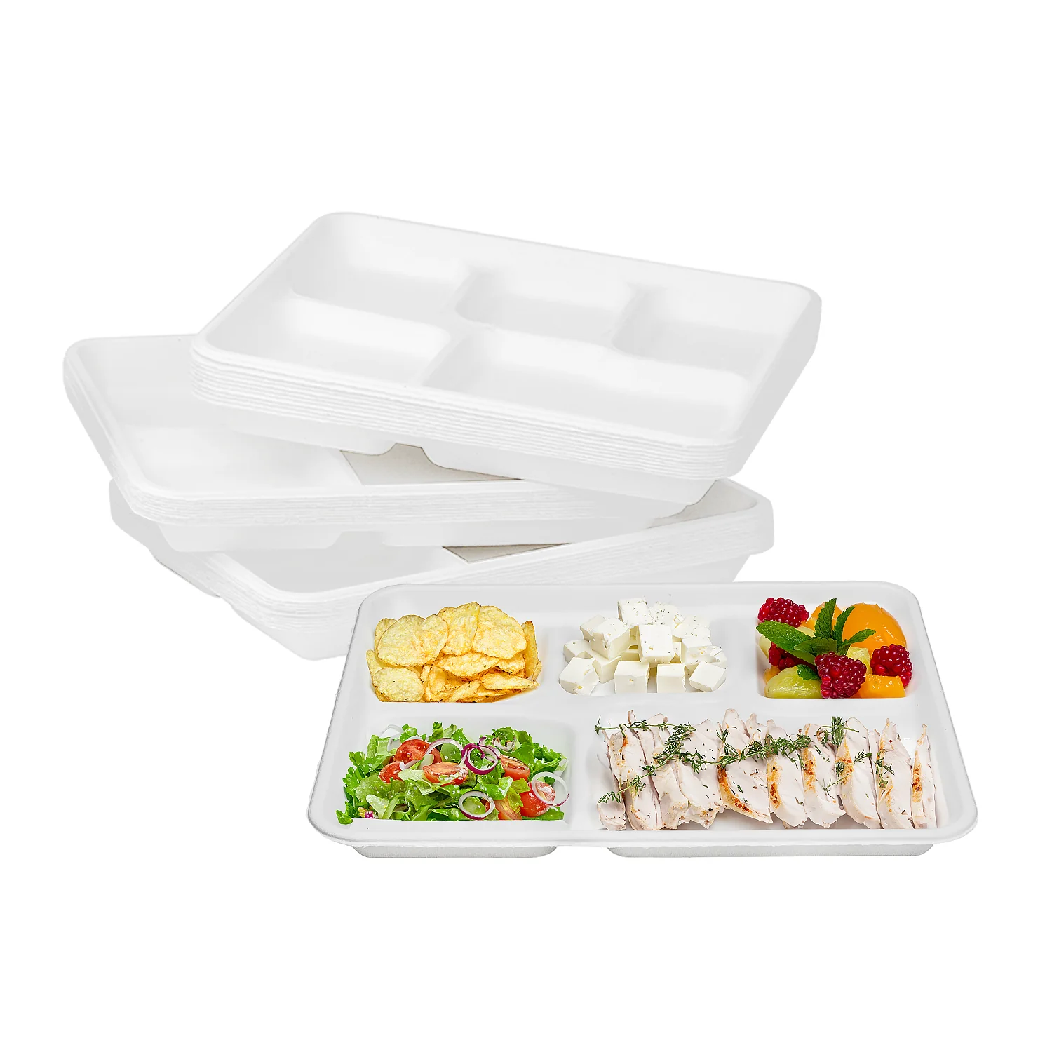 Karat Earth 5 Compartments, 10" Molded Fiber Trays, PFAS Free, White - 400 pcs - Image 2