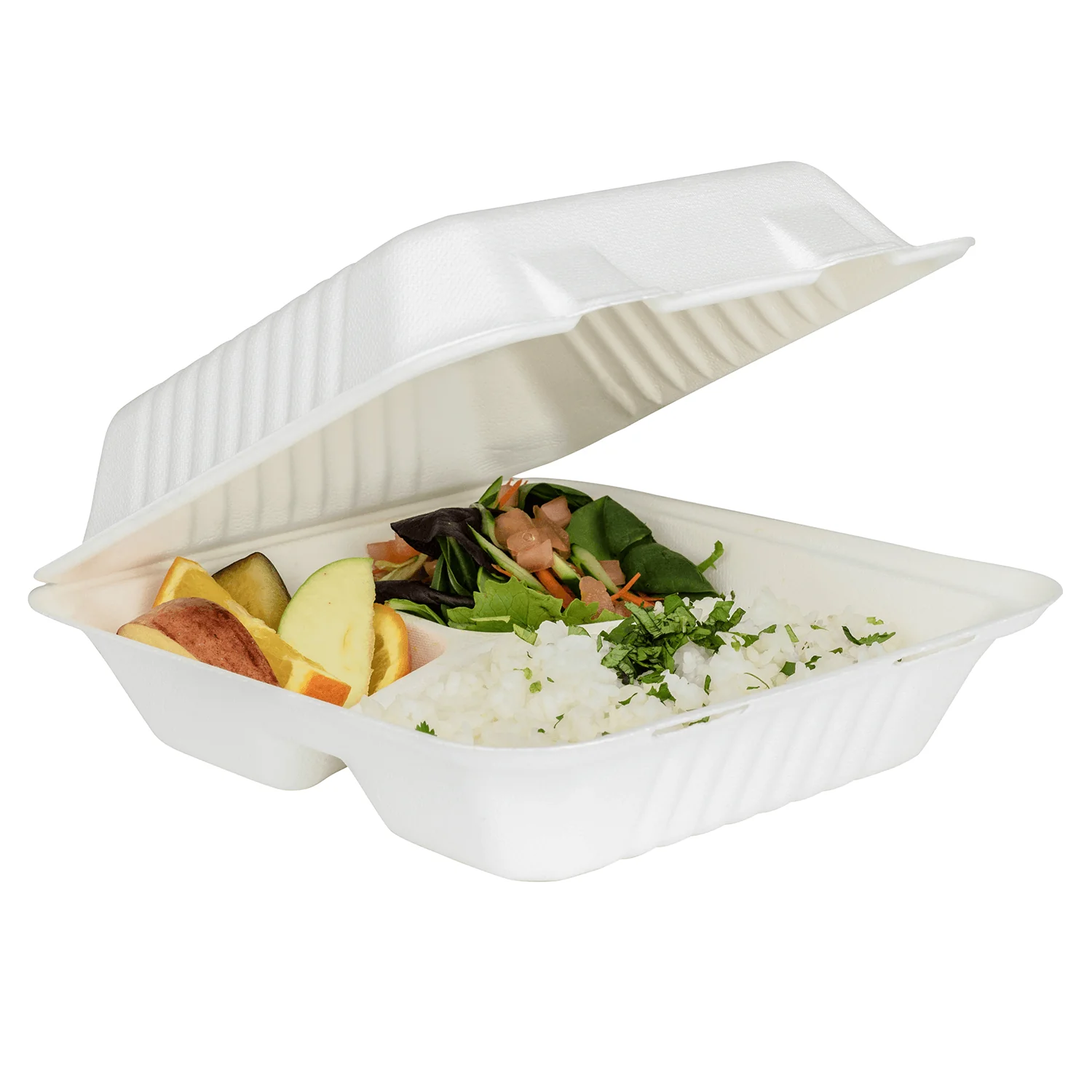 Karat Earth 3 Compartments, 8''x8'' Molded Fiber Hinged Containers, PFAS Free, White - 200 pcs - Image 9