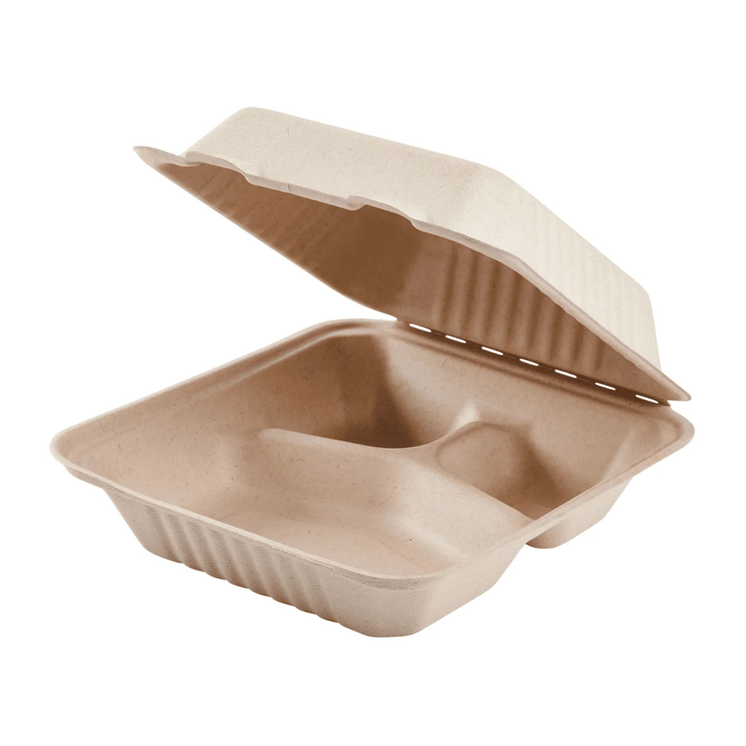 Karat Earth 3 Compartments, 8''x8'' Molded Fiber Hinged Containers, PFAS Free, Natural - 200 pcs - Image 2