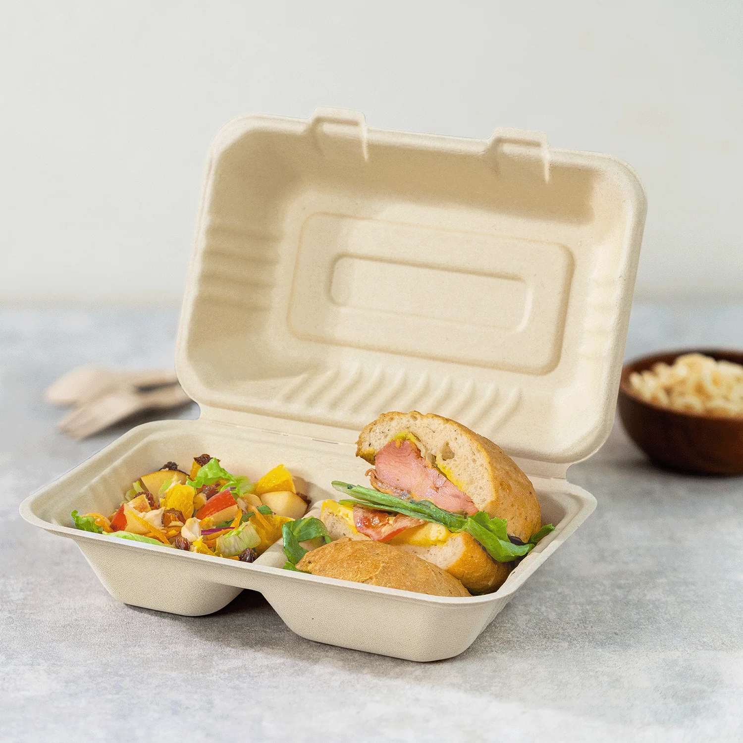 Karat Earth 2 Compartments, 9''x6'' Molded Fiber Hinged Containers, PFAS Free, Natural - 200 pc