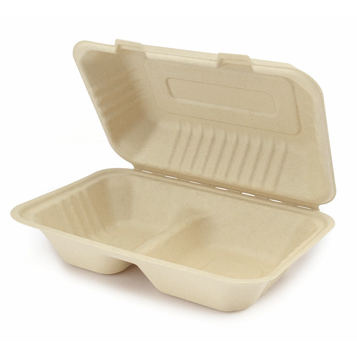 Karat Earth 2 Compartments, 9''x6'' Molded Fiber Hinged Containers, PFAS Free, Natural - 200 pc - Image 2
