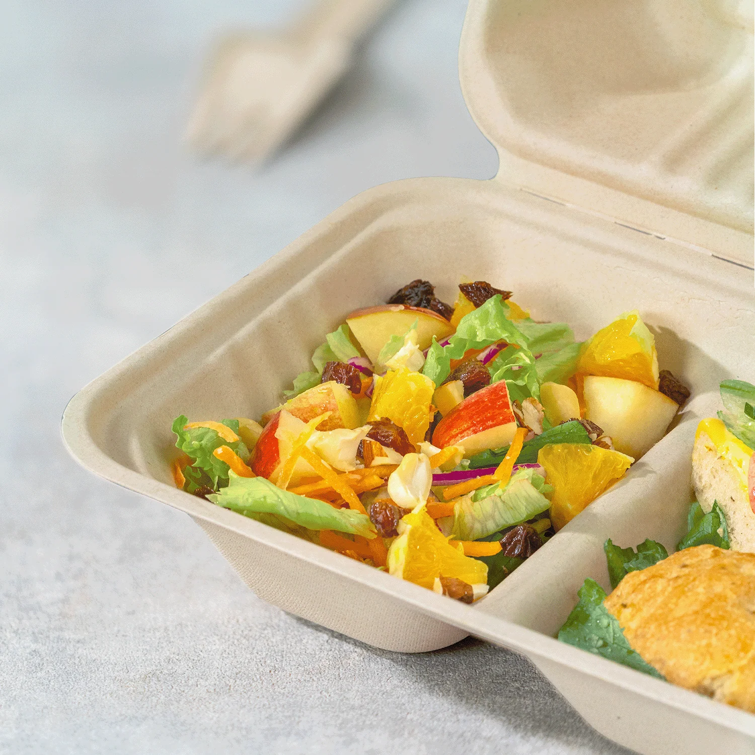 Karat Earth 2 Compartments, 9''x6'' Molded Fiber Hinged Containers, PFAS Free, Natural - 200 pc - Image 4