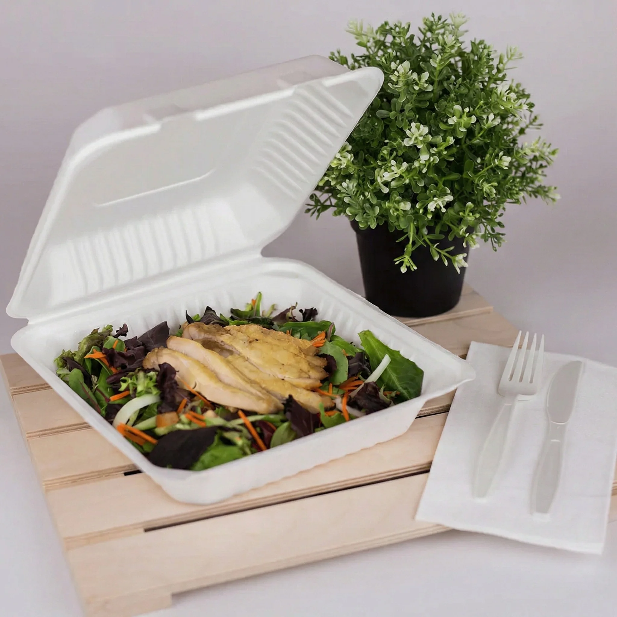 Karat Earth 9''x9'' Molded Fiber Hinged Containers, PFAS Free, White - 200 pcs