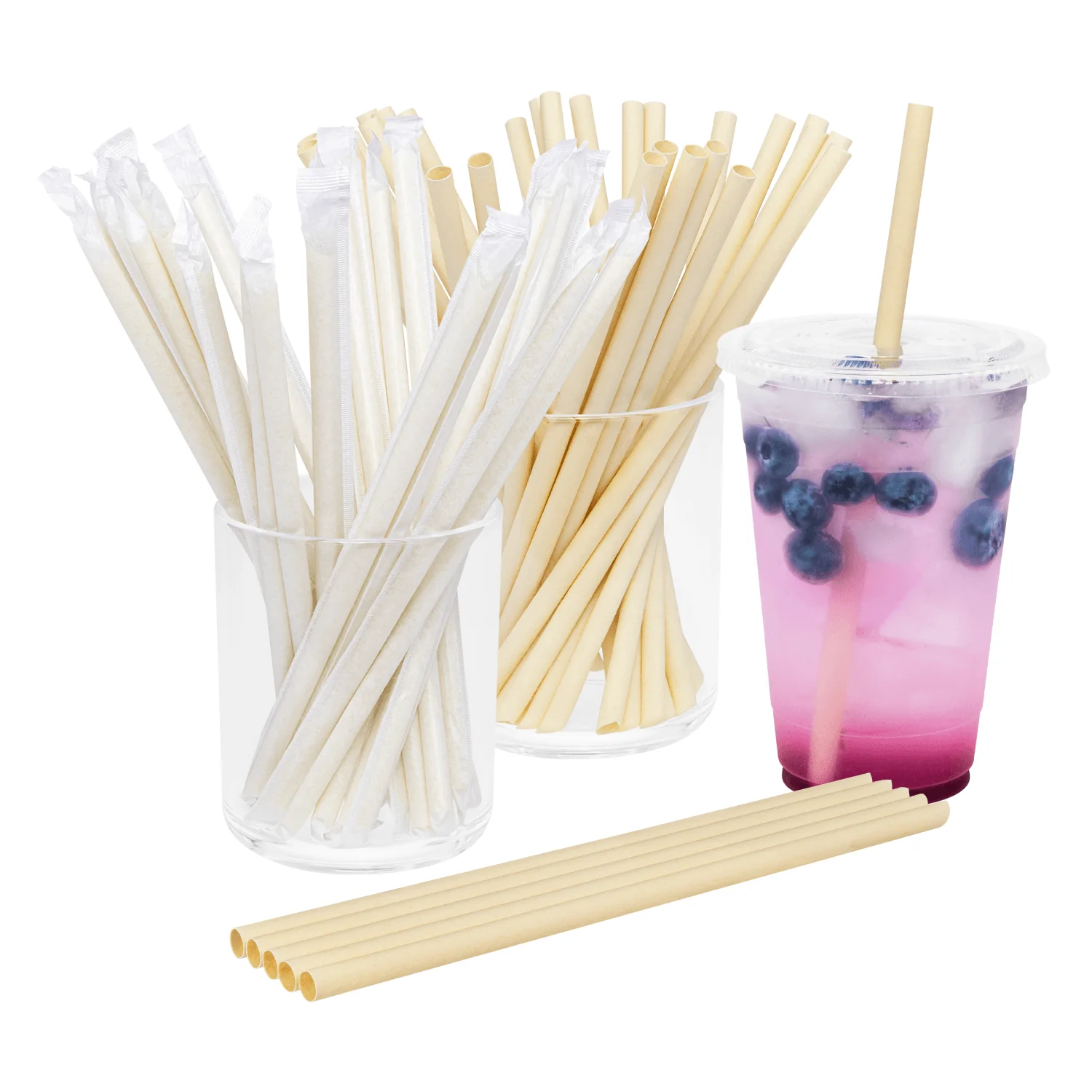Karat Earth 9" Diagonal Cut Bamboo Fiber Giant Straws (8mm) Paper Wrapped, Natural - 3,000 pcs - Image 2