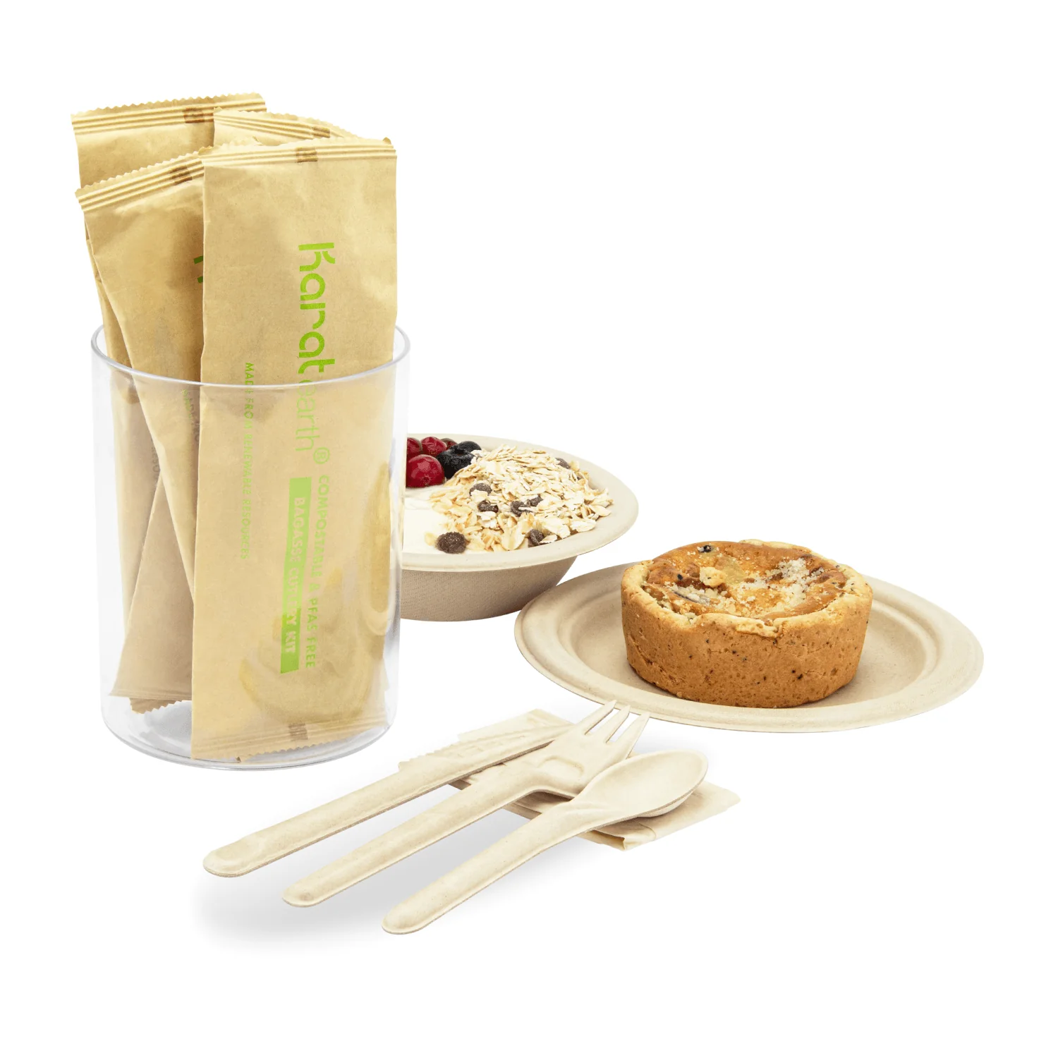 Karat Earth PFAS Free Bagasse Cutlery Kits (Knife, Fork, Soup Spoon, 2-ply Napkin), Paper Wrapped - 250 sets - Image 9