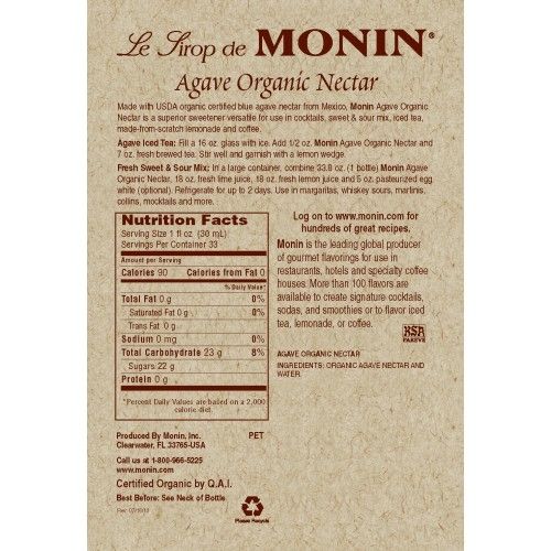 Monin Agave Nectar Organic Sweetener Syrup - Bottle (1L) - Image 2