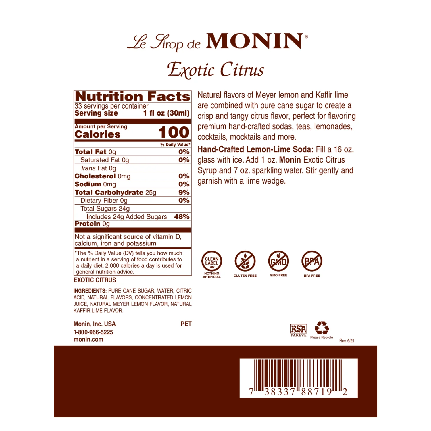 Monin Exotic Citrus Syrup - Plastic Bottle (1L) - Image 3