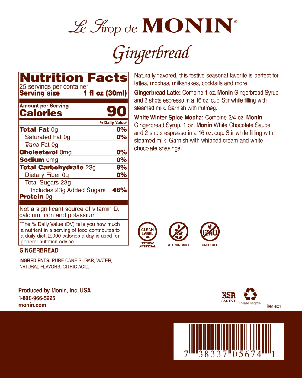 Monin Gingerbread Syrup - Bottle (750mL) - Image 3