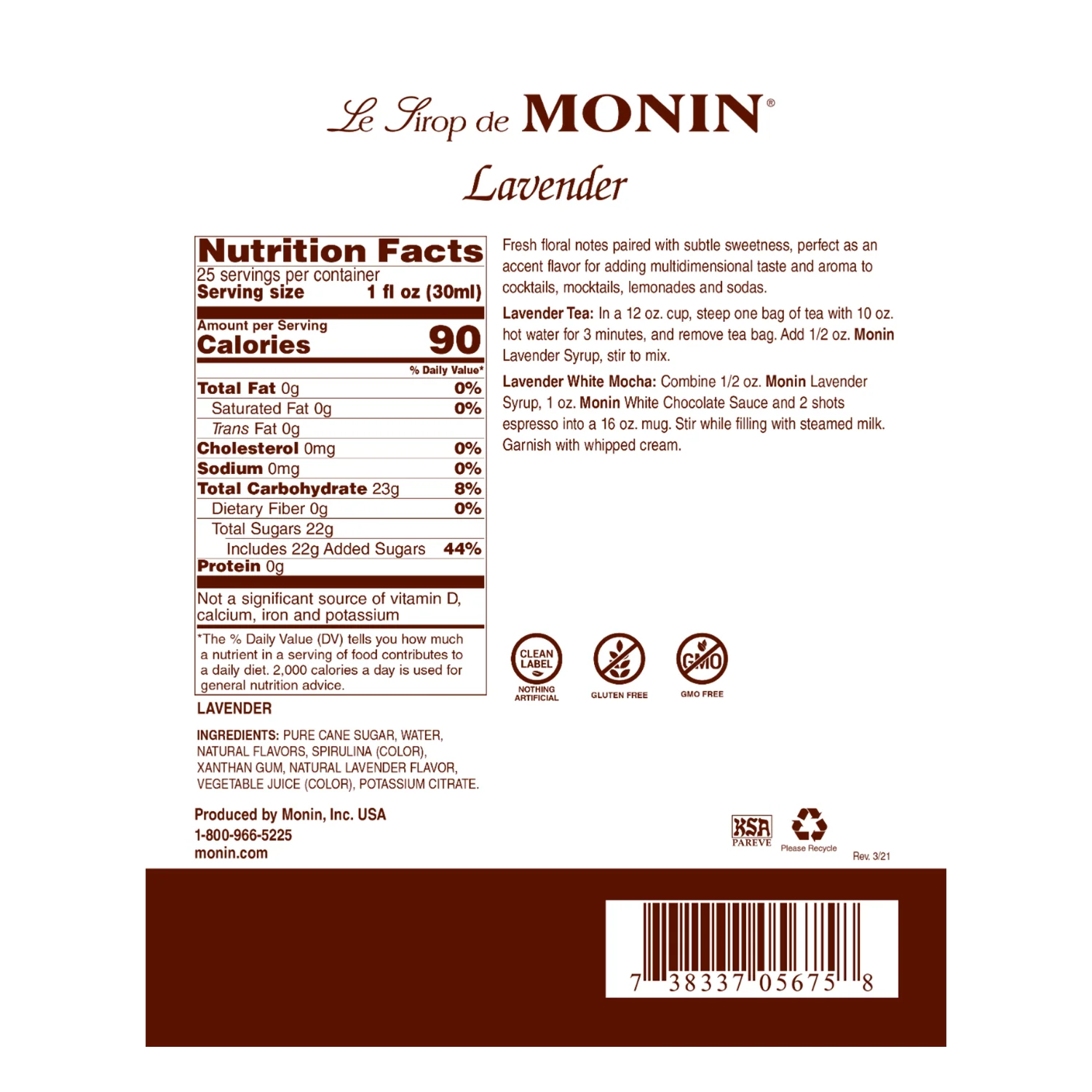 Monin Lavender Syrup - Bottle (750mL) - Image 2