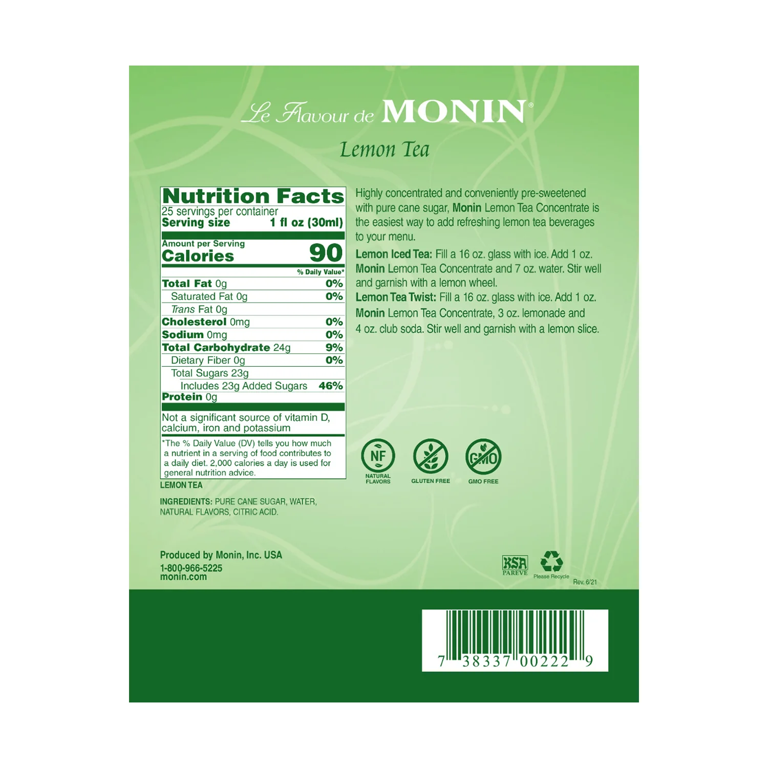 Monin Lemon Tea Concentrate Syrup - Glass Bottle (750mL) - Image 3