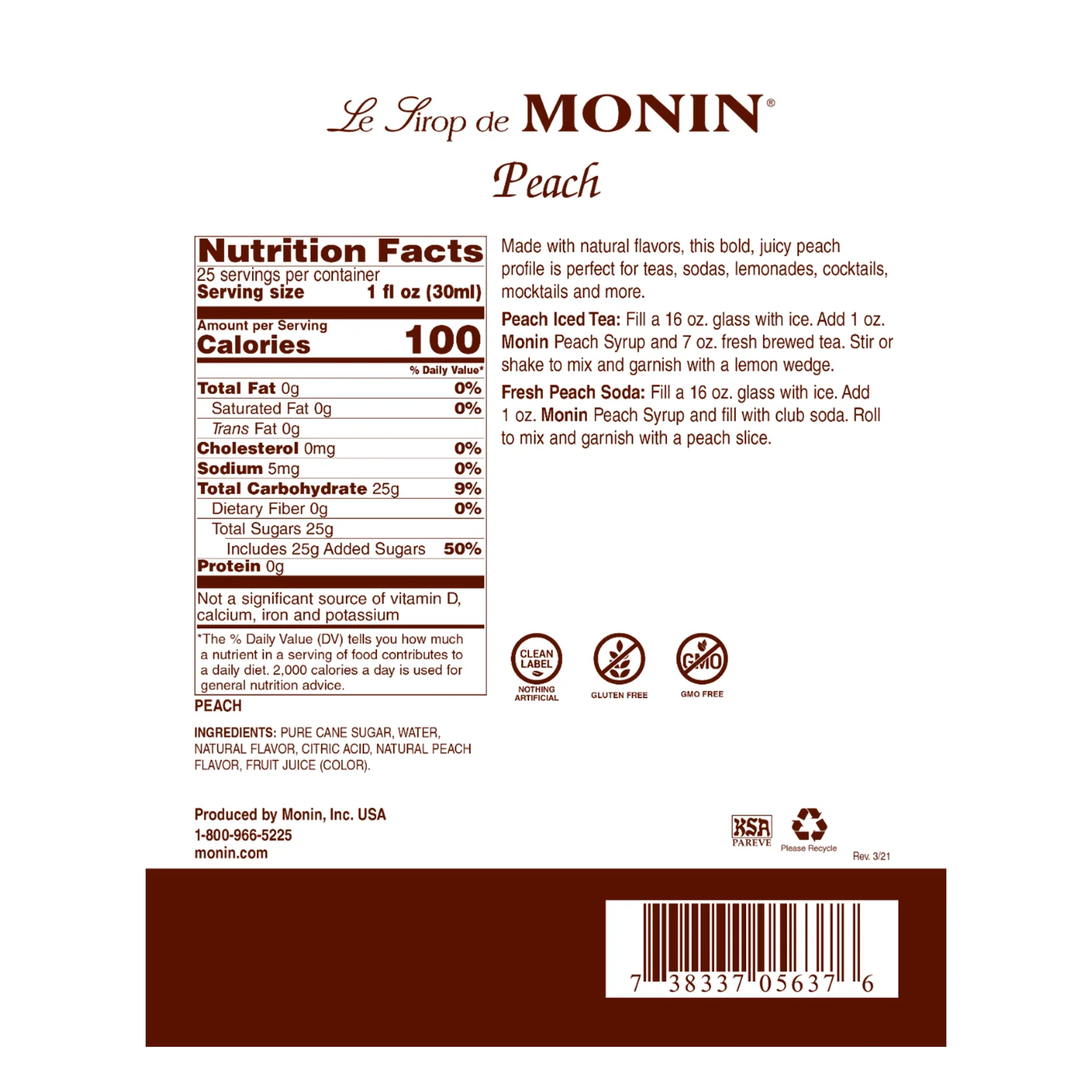 Monin Peach Syrup - Bottle (750mL) - Image 3