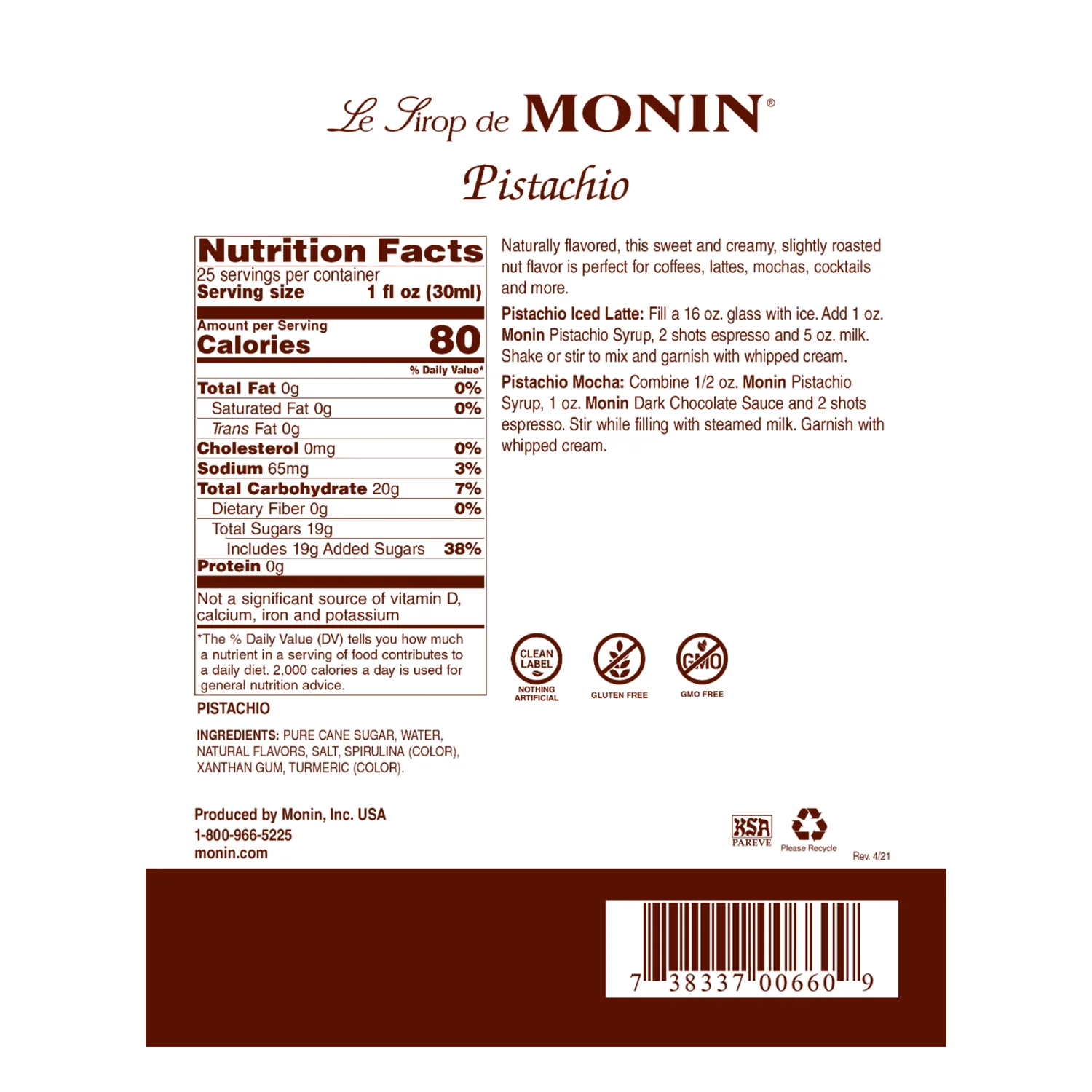 Monin Pistachio Syrup - Bottle (750mL) - Image 2