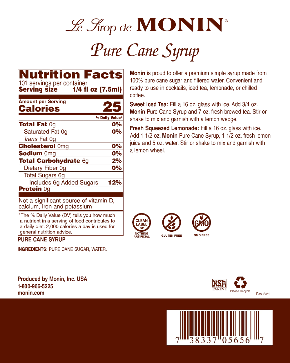 Monin Pure Cane Sweetener Syrup - Bottle (750mL) - Image 3