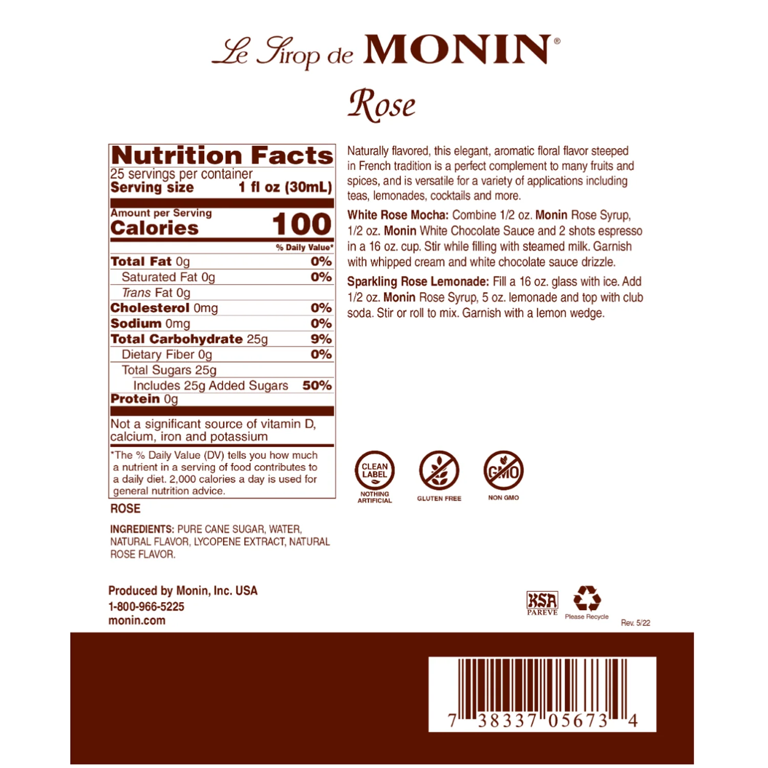 Monin Rose Syrup - Bottle (750mL) - Image 2