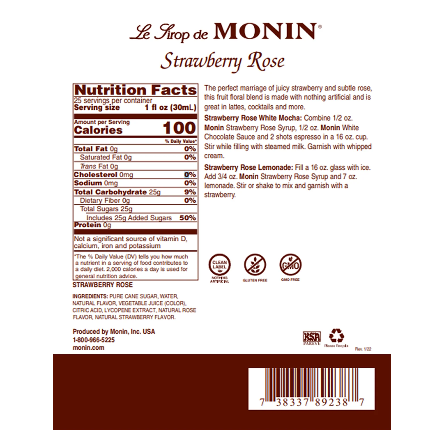 Monin Strawberry Rose Syrup - Bottle (750mL) - Image 2