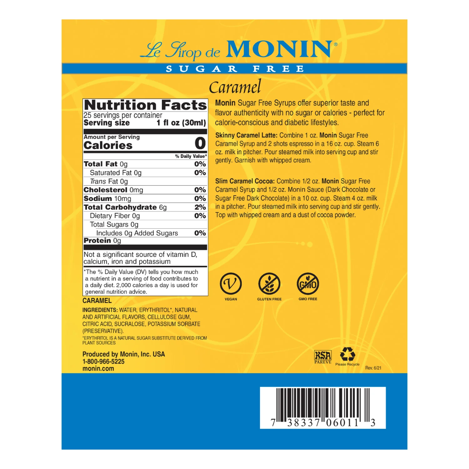 Monin Sugar Free Caramel Syrup - Bottle (750mL) - Image 2