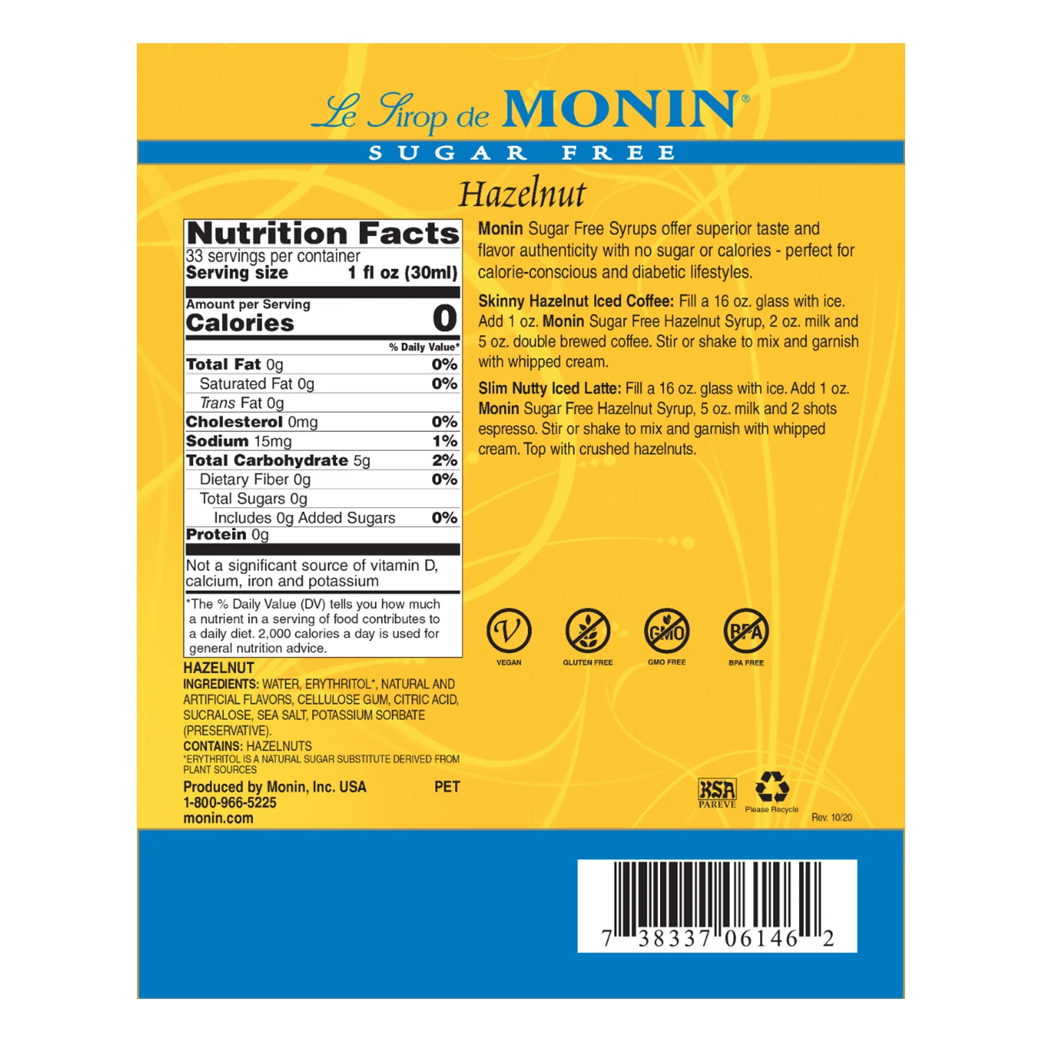 Monin Sugar Free Hazelnut Syrup - Plastic Bottle (1L) - Image 3
