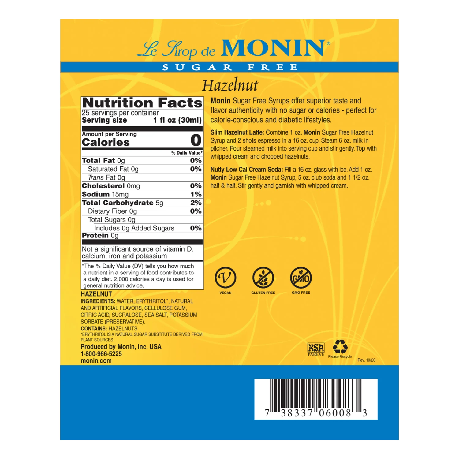 Monin Sugar Free Hazelnut Syrup - Bottle (750mL) - Image 2