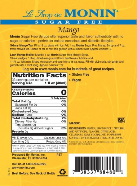 Monin Sugar Free Mango Syrup - Bottle (1L) - Image 3
