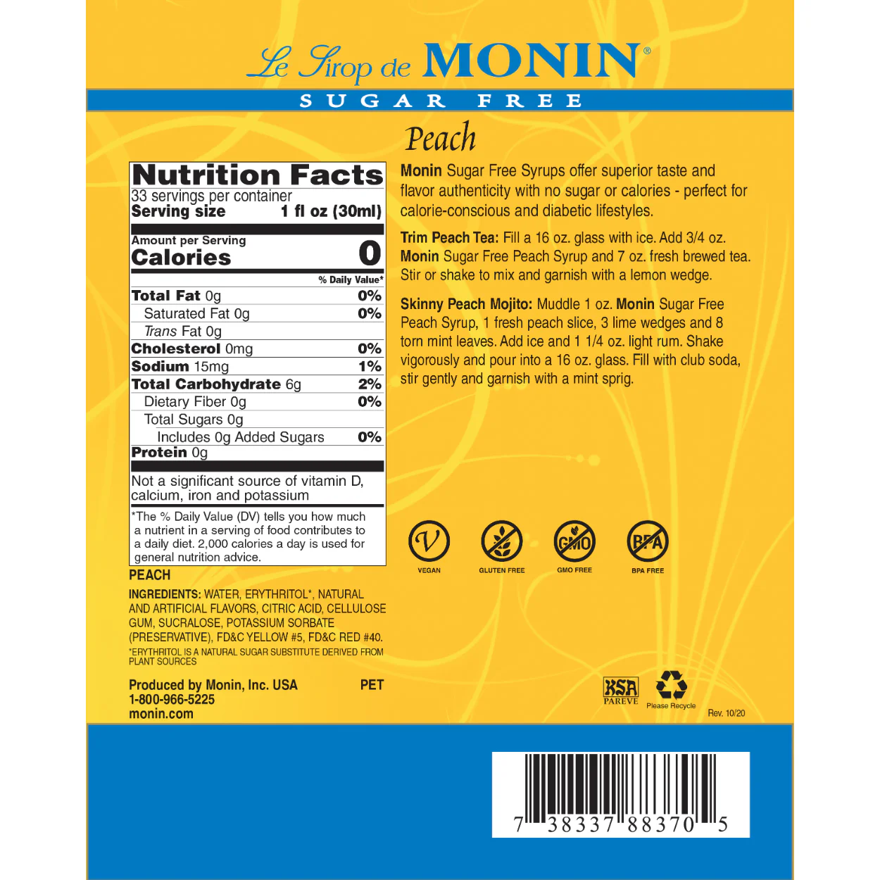 Monin Sugar Free Peach Syrup - Bottle (1 Liter) - Image 3