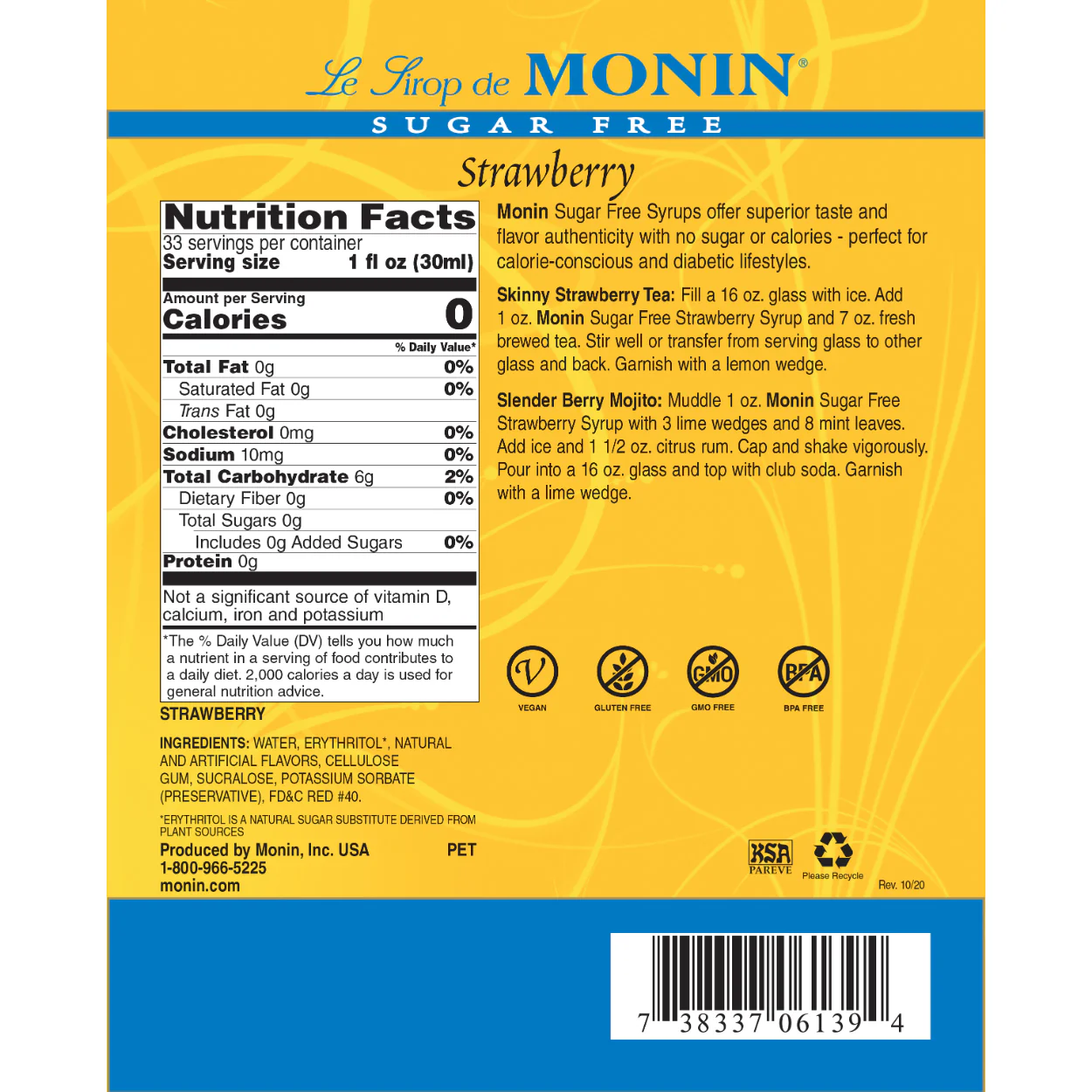 Monin Sugar Free Strawberry Syrup - Bottle (1L) - Image 3