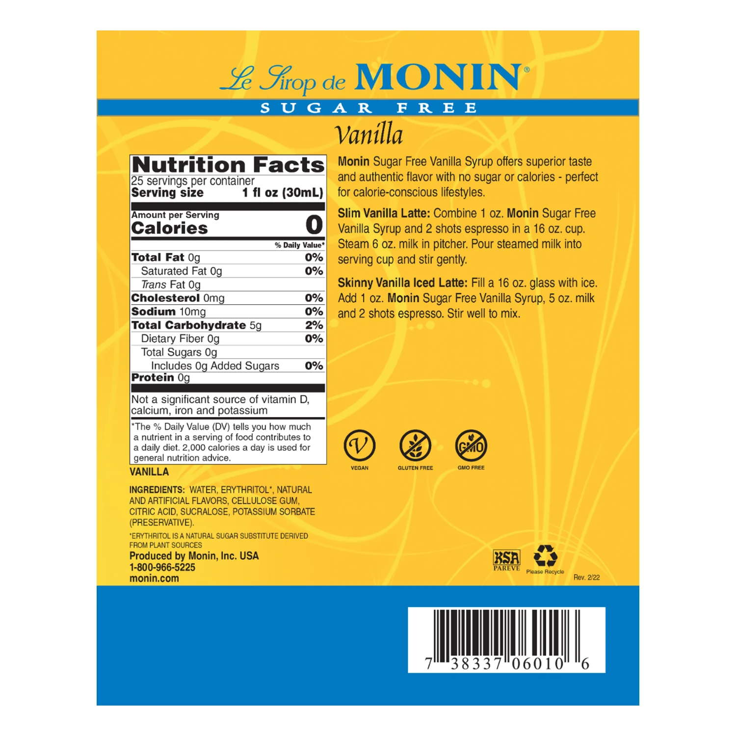 Monin Sugar Free Vanilla Syrup - Bottle (750mL) - Image 2