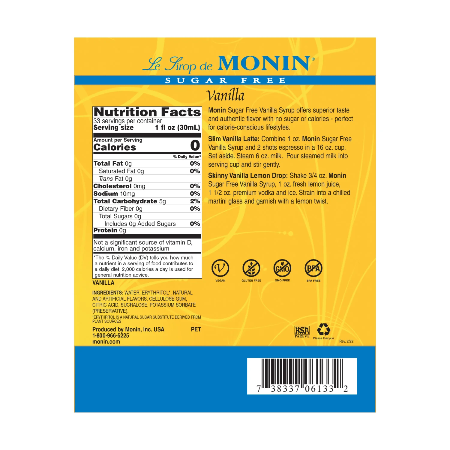 Monin Sugar Free Vanilla Syrup - Bottle (1L) - Image 3