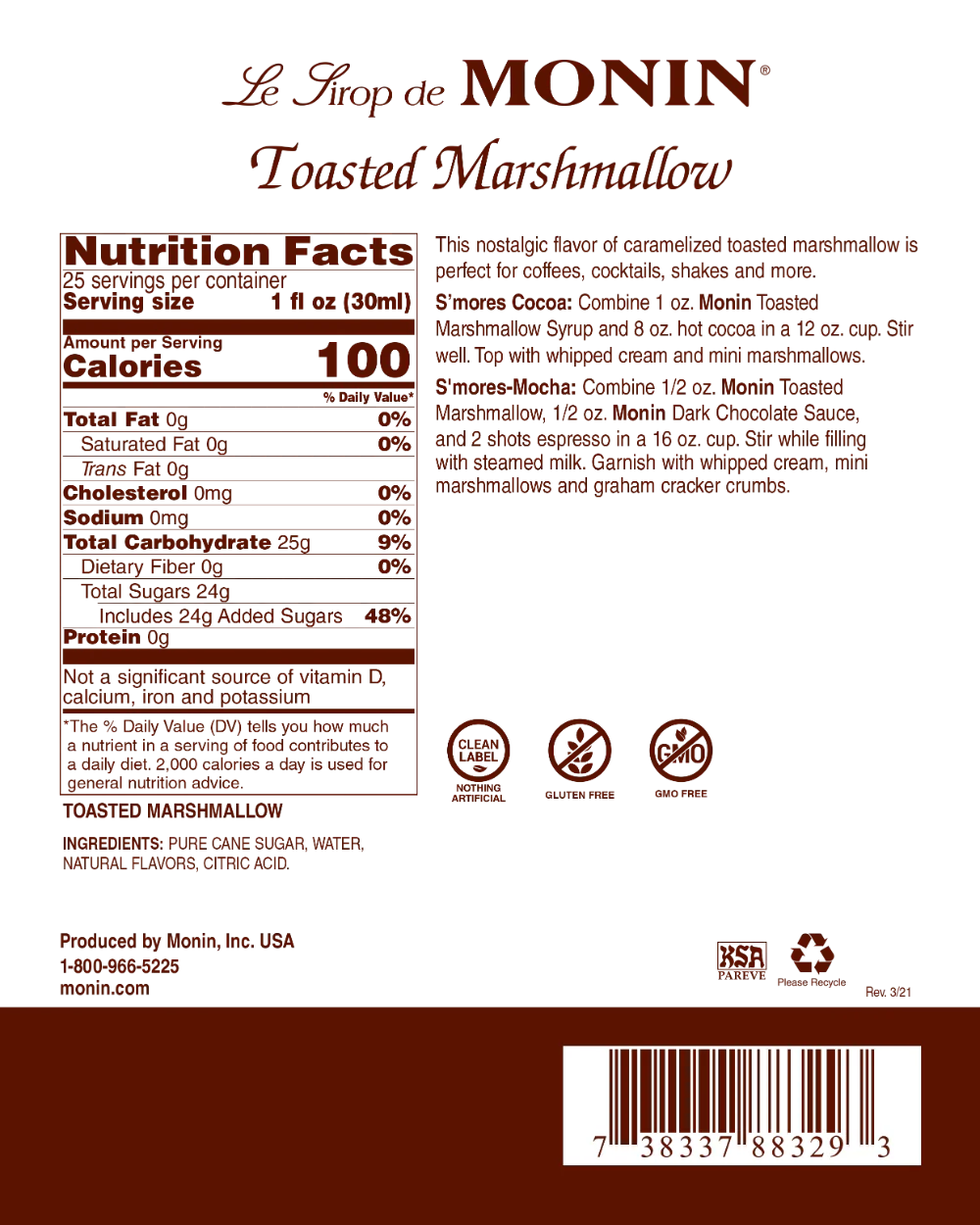 Monin Toasted Marshmallow Syrup - Bottle (750mL) - Image 3
