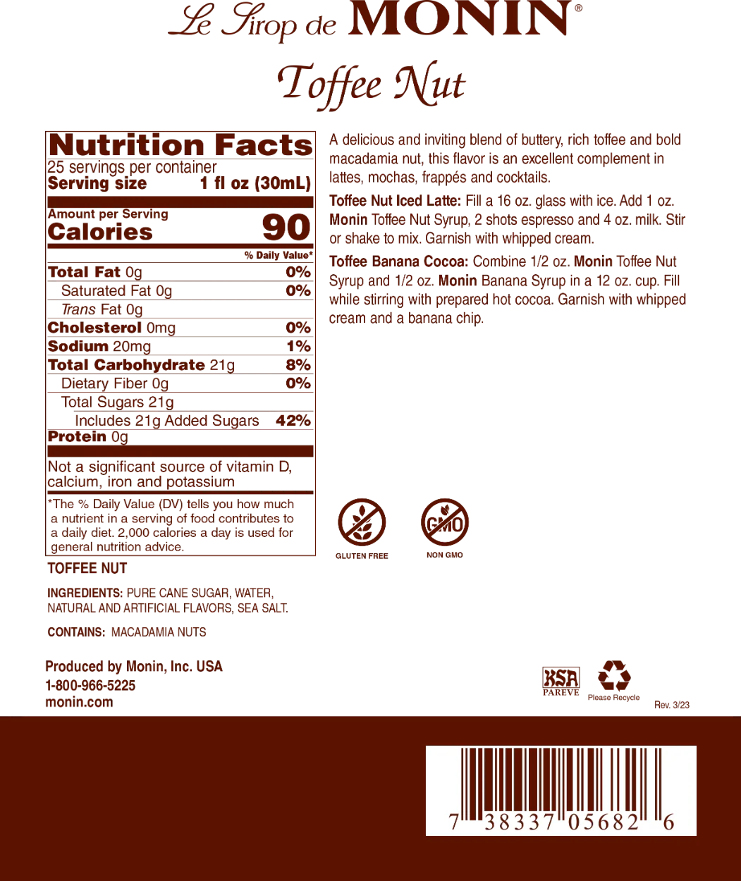 Monin Toffee Nut Syrup - Bottle (750mL) - Image 3