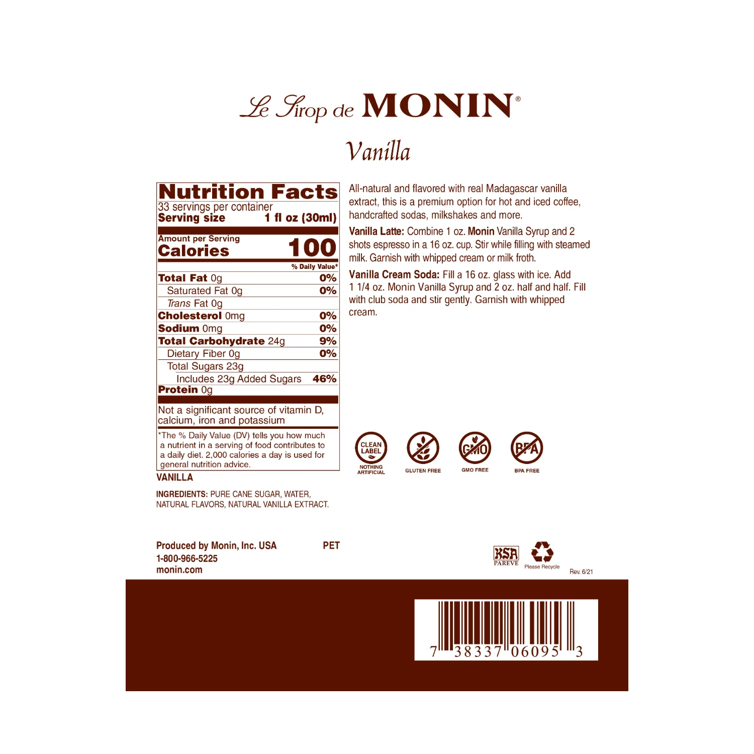 Monin Vanilla Syrup - Bottle (1L) - Image 3