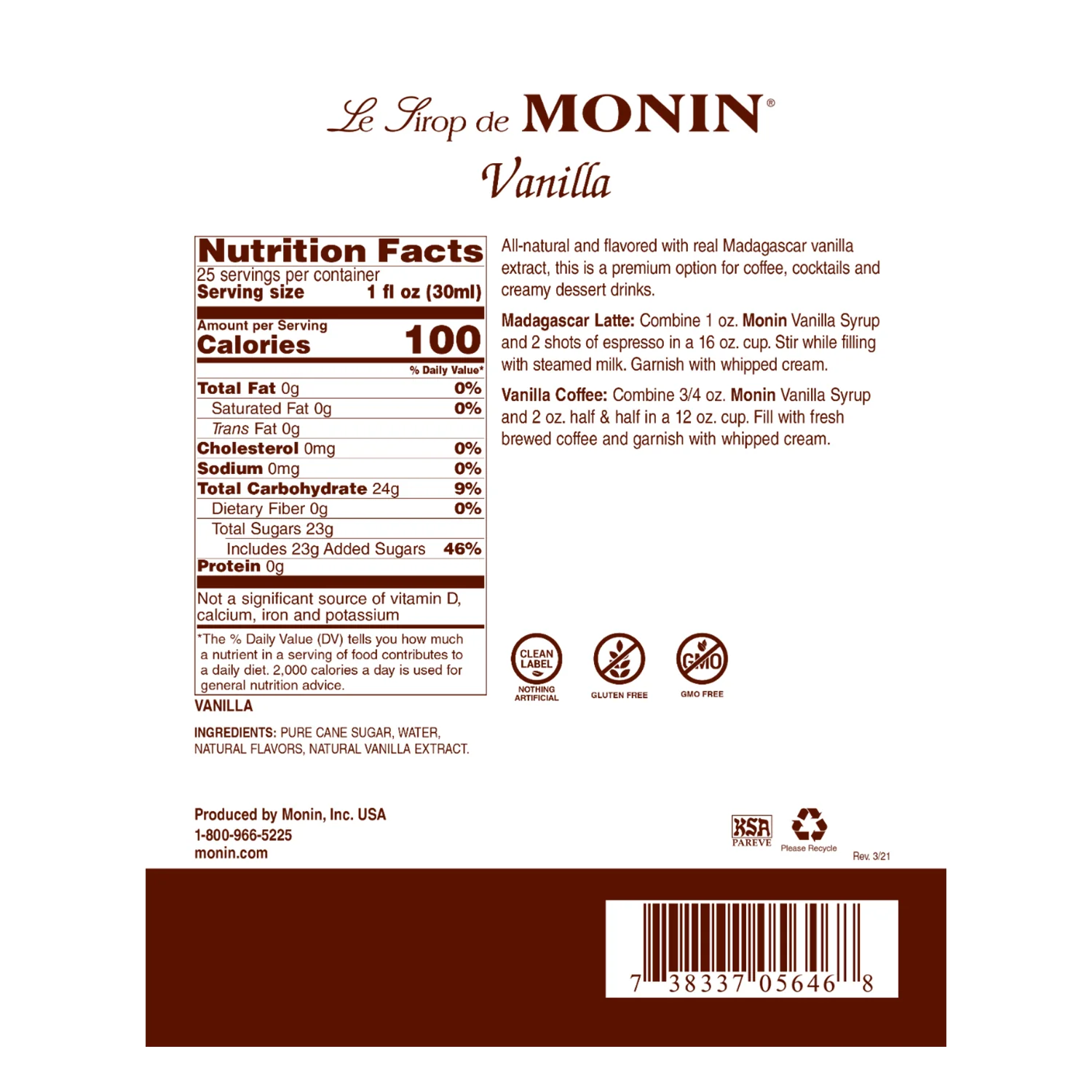 Monin Vanilla Syrup - Bottle (750mL) - Image 2