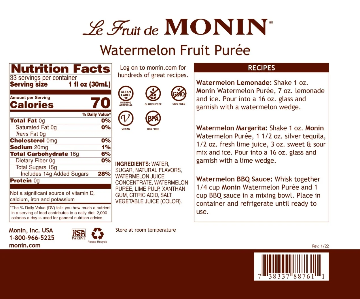 Monin Watermelon Fruit Puree - Bottle (1L) - Image 2