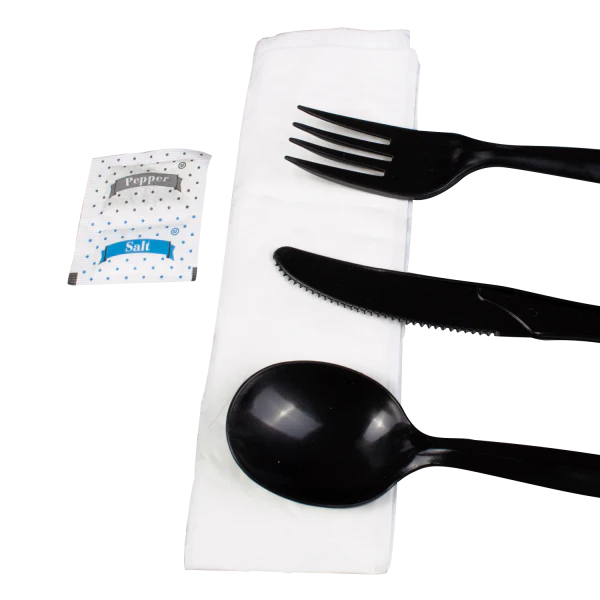 [250 sets] PP Plastic Medium-Heavy Weight Cutlery Kits with Salt and Pepper, Black - Image 9
